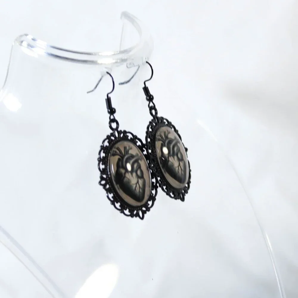 Gothic “Heart of the Hollow” Anatomical Heart Black Metal Cameo Earrings